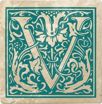 Set of 4 Ivory and Teal Blue Alphabet V Square Monogram Coasters 4