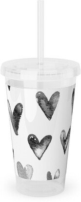 Travel Mugs: Watercolor Hearts - Black And White Acrylic Tumbler With Straw, 16Oz, Black