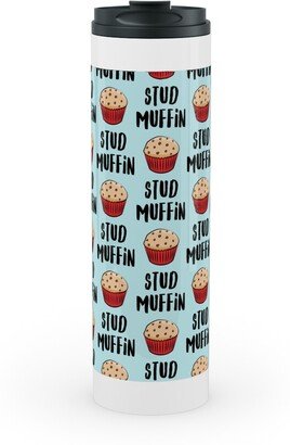 Travel Mugs: Stud Muffin - Muffins - Blue Stainless Mug, White, 20Oz, Blue