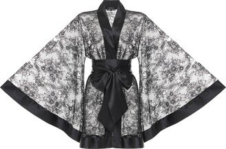 Kâfemme Sexy Sheer Short Black Lace Kimono Robe - Black