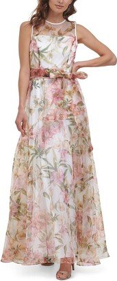 Petites Womens Belted Maxi Evening Dress