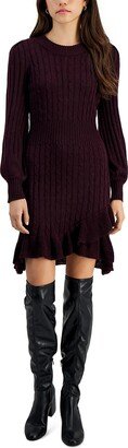 Petites Womens Cable Knit Ruffled Sweaterdress