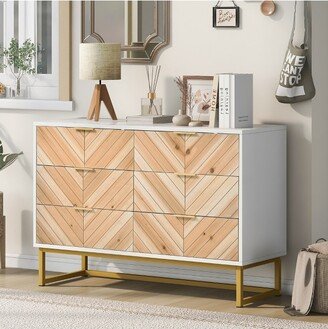 Modern 6 Drawer Dresser with Metal Leg and Handle, White + Natural Finish