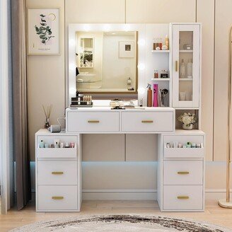 PAKASEPT Makeup Vanity Desk with Mirror and 3-Color Lights with Charging Station