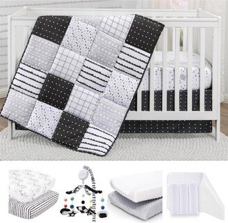 The Preston 12 Piece Baby Nursery Crib Bedding, Quilt, Crib Sheets, Crib Skirt, Changing Pad Covers and Liners, and Mobile - Black/white/g