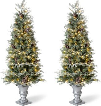 5' Pre-Lit Pine Artificial Christmas Porch Tree with 180 Warm White Lights and Pine Cones Set, 2 Piece