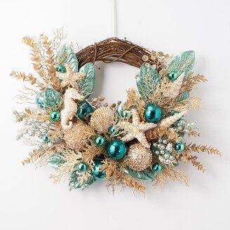 Under The Sea - Gold & Seafoam Glitter Sequin Coastal Christmas Beach Holiday Front Door Ornament Wreath, Beaded Magnolia Leaf, Cedar