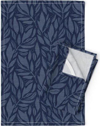 Simple Blue Leaves Tea Towels | Set Of 2 - Darker By Passion4Patterns Indigo Navy Linen Cotton Spoonflower