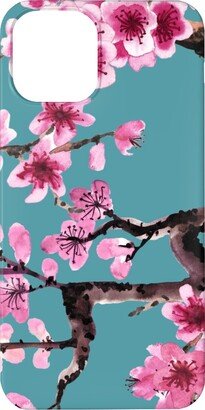 Custom Iphone Cases: Sakura - Pink On Turquoise Phone Case, Silicone Liner Case, Matte, Iphone 11, Blue
