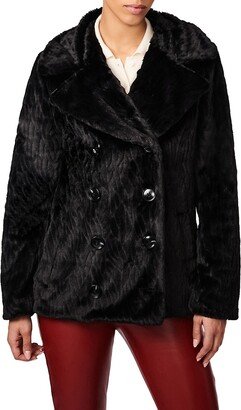 Patterned Double Breasted Faux Fur Peacoat