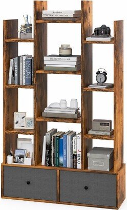 Industrial Bookshelf Rustic Wooden Shelf Organizer with 2 Non-woven Fabric Drawer Brown