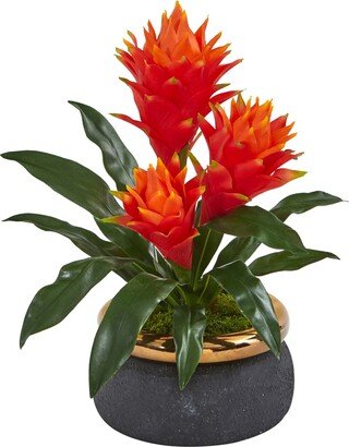 14in. Triple Bromeliad Artificial Plant in Stoneware Planter