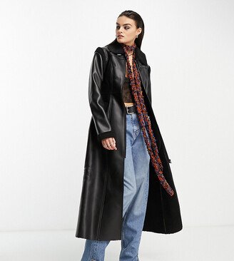 longline faux leather trench coat in black with shearling trims