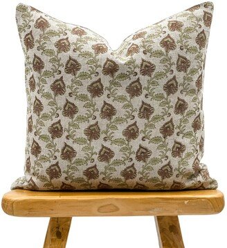 Designer Green & Terra Cotta Floral Design On Natural Linen Pillow Cover, Saffron Cover, Boho Pillow, Farmhouse