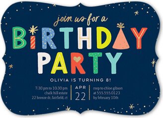 Girl Birthday Invitations: Candles And Caps Birthday Invitation, Blue, 5X7, Pearl Shimmer Cardstock, Bracket