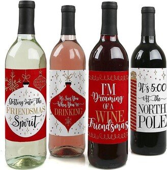 Big Dot Of Happiness Red & Gold Friendsmas - Friends Christmas Party Wine Bottle Label Stickers 4 Ct