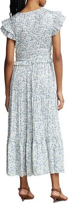 Olea Pleated Floral Satin Midi-Dress