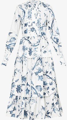 Womens Ophelia Vine White Floral-print Tiered-skirt Cotton Midi Dress