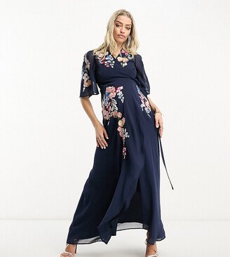 Hope & Ivy Maternity puff sleeve embroidered midi dress in navy