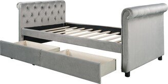 IGEMAN Twin Size Rolled Arms Tufed Sofa Bed Upholstered Daybed with 2 Drawers for Small Bedroom City Aprtment Dorm