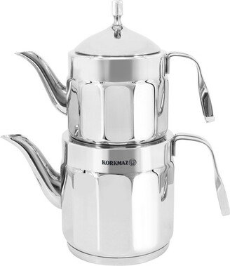 Korkmaz Nostaljia Midi Stainless Steel 0.9 Liter Tea Pot and 1.6 Liter Kettle Set