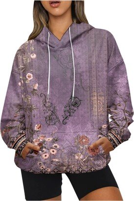 Generic Cropped Hoodie Drawstring Lightweight Loose Floral Print Hoodies Hood Hoodie Long Sleeve Fashion Sweatshirt with Pockets purple XX-Large