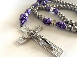 Purple & White Paracord Rosary, Catholic St. Benedict Crucifix, 550 Unbreakable Rosary