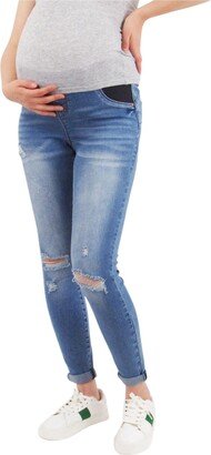 Indigo Poppy Light Wash Butt Lifter Distressed Maternity Jeans With Belly Band