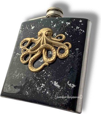 Antique Gold Octopus Flask Inlaid in Hand Painted Black Enamel With Silver Splash Nautical Kraken Design Personalized & Color Options