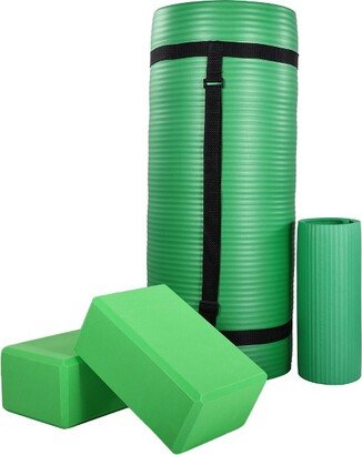 BalanceFrom All-Purpose 71 x 24 x 1-Inch Extra Thick High Density Anti-Tear Exercise Yoga Mat, Knee Pad with Carrying Strap & 2 Yoga Blocks, Green