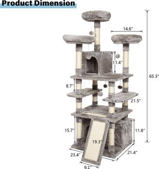 Kinpaw Cat Tree 66 Inches Kitty Activity Tree Large Kitten Tower with Feeding Bowl Scratching Posts Condo Perches Grey