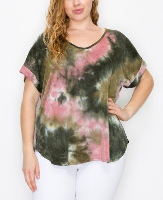 Plus Size Hand Tie Dye V-Neck Rolled Sleeve Top - Olive/Mauve