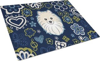 Blue Flowers Pomeranian Glass Cutting Board