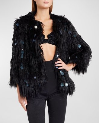 Alabama Muse Ross Gold Embellished Faux Fur Jacket