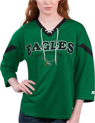 Women's Starter Green Philadelphia Eagles Rally Lace-Up 3/4 Sleeve T-shirt