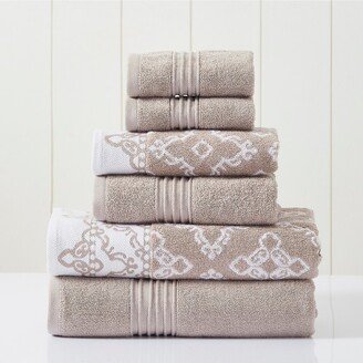 Modern Threads 6 Piece Yarn Dyed Jacquard/Solid Towel Set, Charlize, Fawn