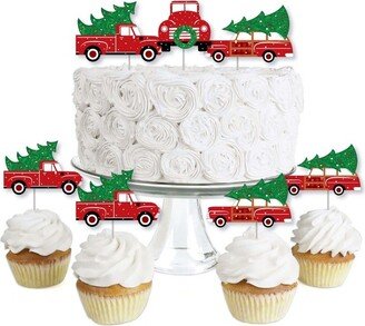 Big Dot of Happiness Merry Little Christmas Tree - Dessert Cupcake Toppers - Red Truck and Car Christmas Party Clear Treat Picks - Set of 24