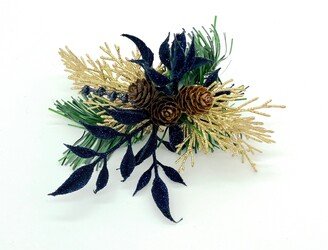 Navy Blue & Gold Holiday Table Decor, Hanukkah & Christmas Napkin Rings With Berries, Branches, Pine Needles Pinecone Center