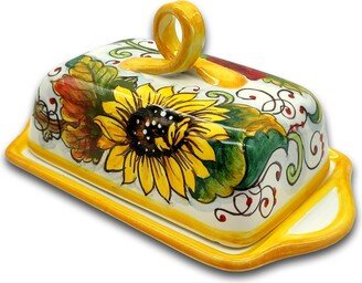 Italian Ceramic Butter Dish With Lid Sunflower - Hand Painted Keeper Made in Italy Pottery Holder Covers-AA