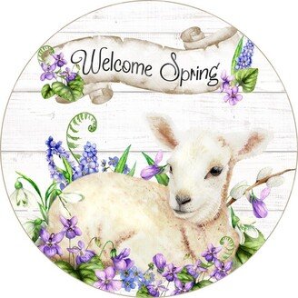 Spring Greeting Lamb Sign - Animal Sign Floral Round Metal