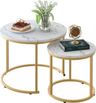 EPOWP Coffee Table Nesting White Set of 2 Side Set Golden Frame Circular and Marble Pattern Wooden Tables, Living Room Bedroom