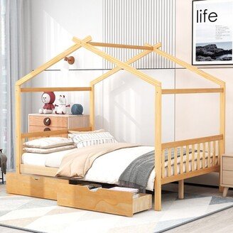 Roof Design Wooden House Platform Bed with 2 Drawers