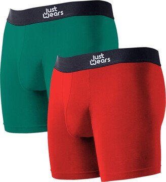 Justwears Super Soft Boxer Briefs Anti-Chafe & No Ride Up Design - Two Pack With & Without Pouch - Green & Red