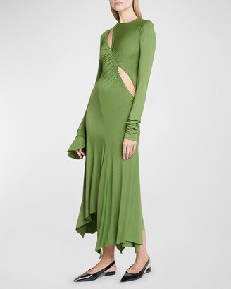 Asymmetric Ruched Slash-Cutout Jersey Maxi Dress