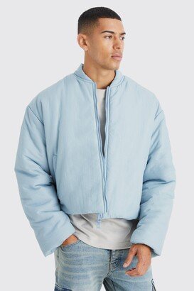 Mens Blue Boxy Crinkle Nylon Puffer Bomber