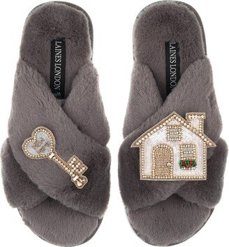 Laines London Classic Laines Slippers With New Home Brooches - Grey