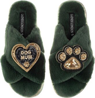Laines London Classic Laines Slippers With Paw & Dog Mum Brooches - Green