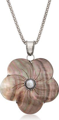 48mm Gray Mother-Of-Pearl and 6-7mm Cultured Pearl Flower Pendant Necklace in Sterling Silver