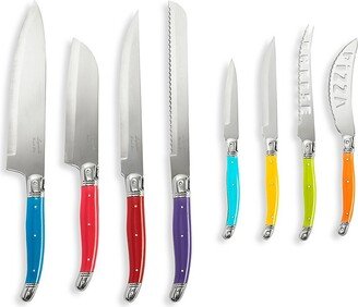 French Home Laguiole 8-Piece Rainbow-Hued Kitchen Knife & Woodblock Holder Set