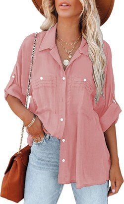 Astylish Women's Button Down Blouse V-Neck Solid Color Roll up Sleeve Shirt Top Pink X-Large